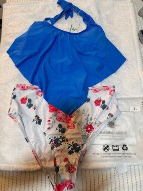 Blue Halter Tankini Top with Floral High-Waist Bottoms